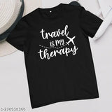 Black cotton travel therapy tee with chest print, ideal for summer vacation casual wear