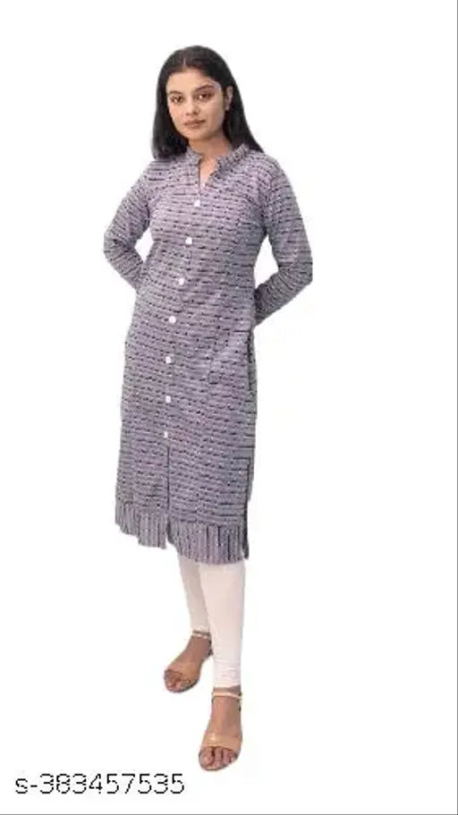 Grey woolen long kurta set with matching dupatta for women