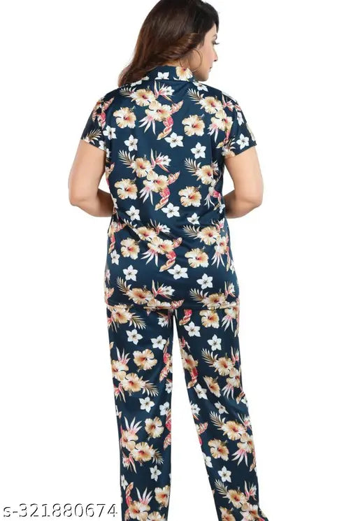 Navy blue DSIYALYCRA women's pyjama night suit coord set with printed satin top and bottom, short sleeves