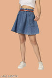 Dark blue denim mini skirt with belt for women & girls, stylish and solid, size 28-34