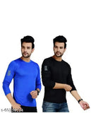 Stylish black & sky full-sleeve sports t-shirts combo pack (M, L, XL), Indian active wear on hanging rack