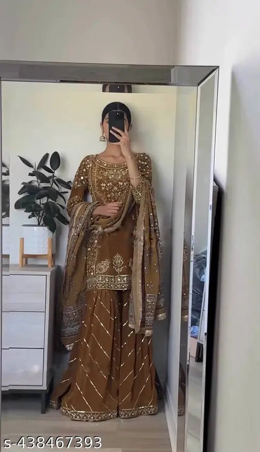 New design party wear look, top plazo style with dupatta featuring heavy embroidery work