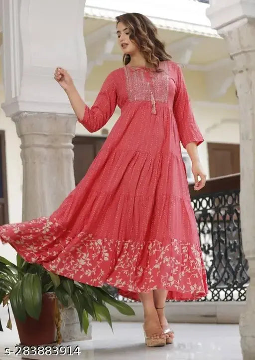 Red embroidered traditional women's kurta, long length, formal wear