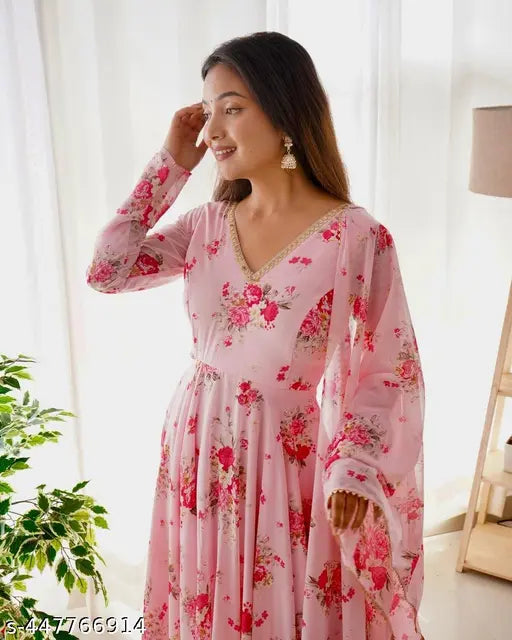 Pink Georgette VNeck Anarkali Gown with Dupatta, floral print, long sleeves. Women's formal wear from India