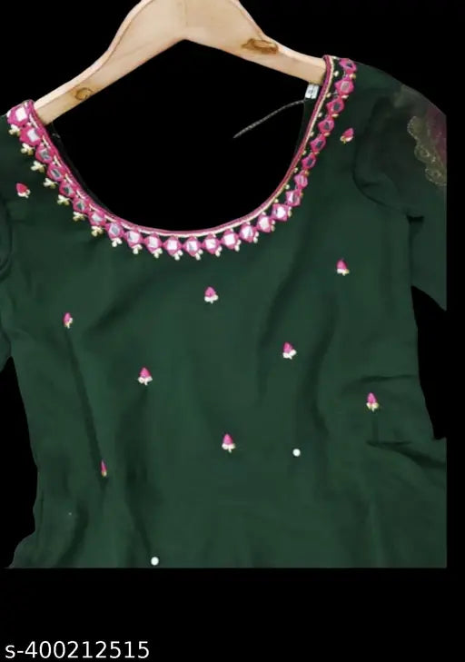 Beautiful green bandhni Georgette dupatta, embellished maxi dress with mirror work and digital print