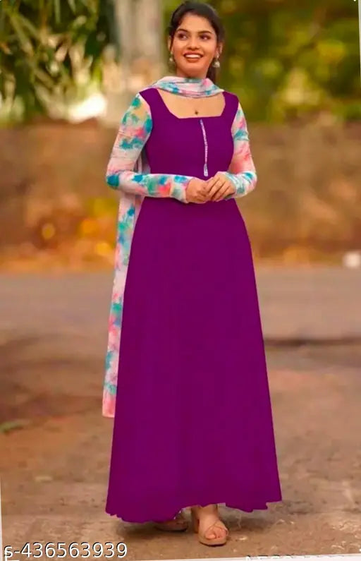 Wine-colored Georgette gown with long sleeves, printed kurti with dupatta set in pastel shades, Indian origin