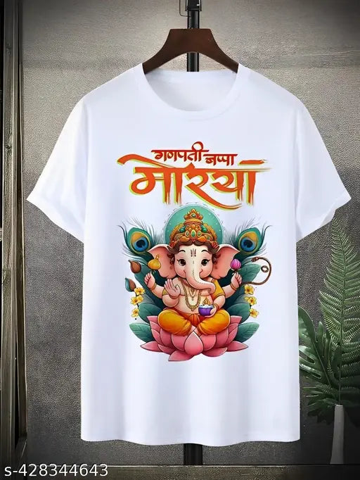 Polyester printed Lord Ganesha t-shirt for men, featuring short sleeves and a 36" chest size S. Lord Ganesha on Indian-made Ganpati t-shirt