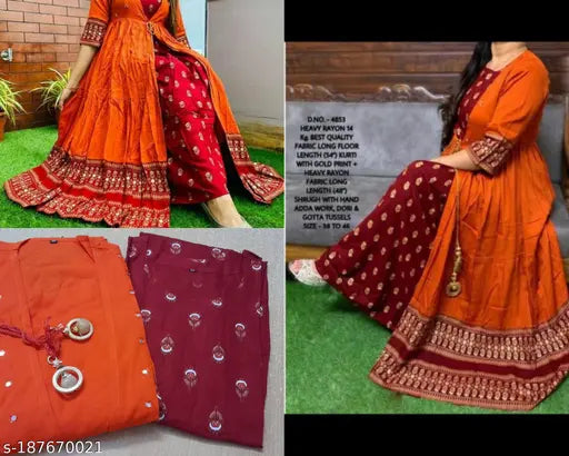 Orange printed cotton kurta with matching shrug, long sleeves
