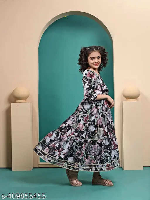 Multicolored, comfortable cotton dress for girls, sizes 4-14 years, vibrant prints and patterns, dyed/washed net, three-quarter sleeves, flattering fit and flare design