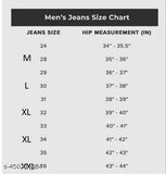 Men's black knee cut jeans size chart, hipster style fashion, denim material