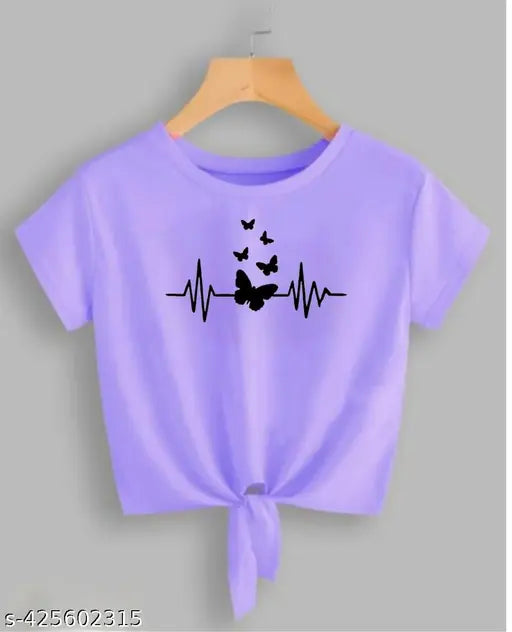 Lavender lycra crop top with bee butterfly print for women, India origin