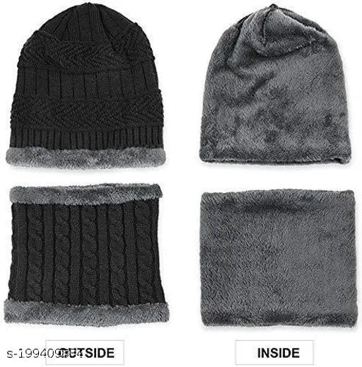 Grey woolen beanie with fur lining & scarf, warm winter combo for all adults