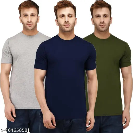 Olive green, dark blue & LLite grey Kroptee men's half sleeve round neck t-shirts (pack of 3), cotton fabric, bio wash, soft fabric, Made in India