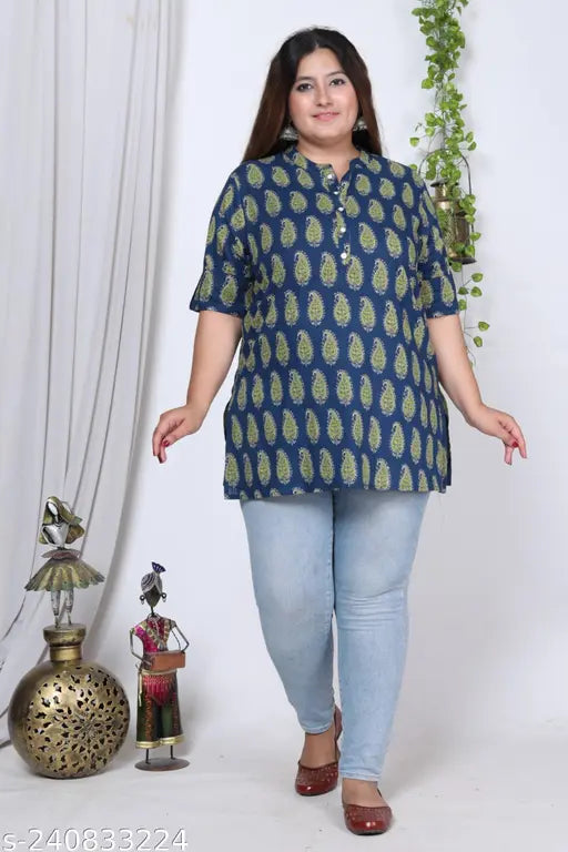 Blue printed cotton top, three-quarter sleeves for plus size women's casual wear