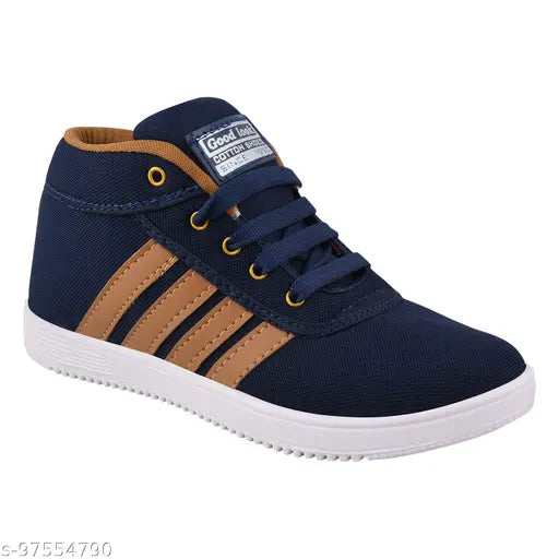 Navy blue canvas shoe with white sole and brown laces