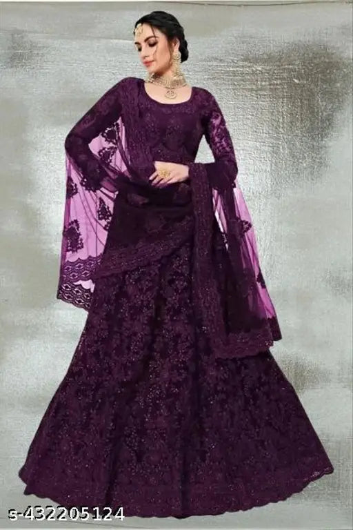 Embroidered net bridal lehenga set with choli and dupatta, semi-stitched (44 waist, 42 length, 12 dupatta), from India
