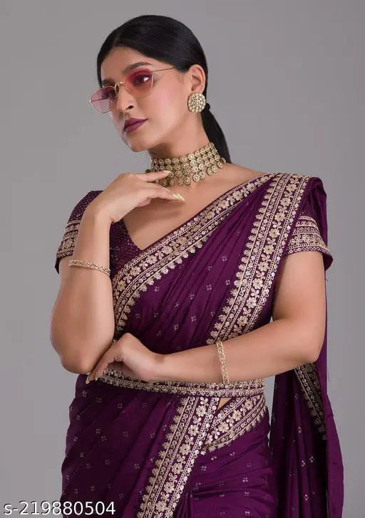 Deep purple georgette sari with intricate 5mm sequined border