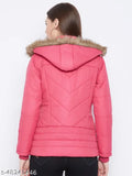 Pink polyester women's full-sleeve parka jacket, Vero Amore brand, solid pattern, quilted with quality polyfill, detachable faux fur hood, 3 pockets (1 inside, 2 outside), India origin
