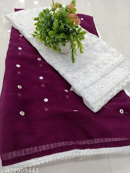 Embellished Zamato-Georgette sari with chiffon blouse, Indian wedding party wear, embroidered saree for women, free size (5.3m saree length, 0.8m blouse length)