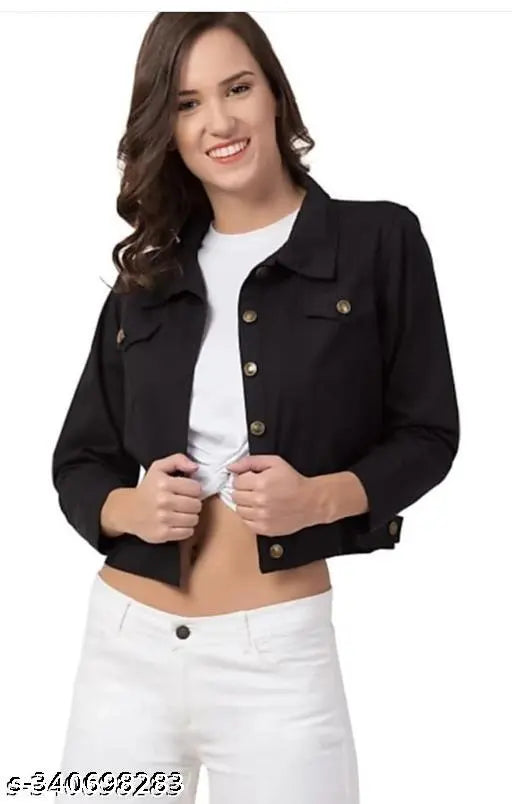 Blue denim jacket with white trim and long sleeves, casual style