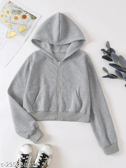 Cotton women's crop hood with long sleeves, solid net, XS-XXXL sizes for stylish comfort and Indian craftsmanship