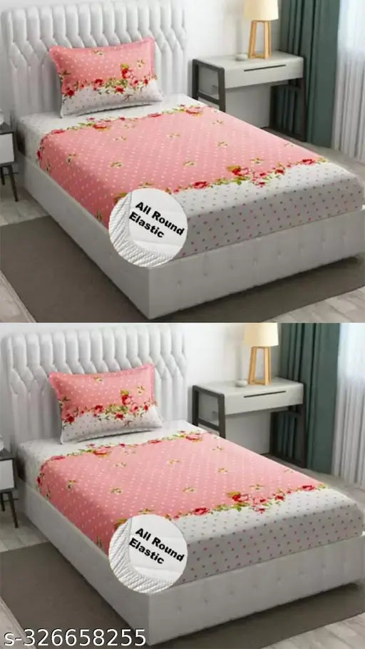 Glace cotton fitted elastic bedsheet set (36*72) single bed, floral print, ideal for summer sleep on adult-sized single bed with 2 pillow covers