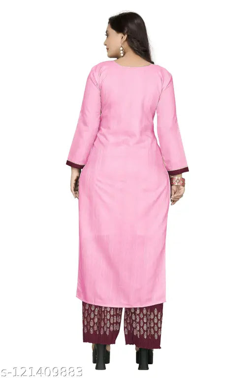 Pink Masline stitched cotton-silk kurta with palazzo bottom, three-quarter sleeves, Indian fashion