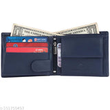 Blue genuine leather bi-fold wallet with button closure, compact size, 6 card slots, 2 currency pockets, secret compartment, coin pocket, 3 transparent windows, zippered compartment, ideal for men's essentials, gift-worthy, from SKINBULL, handcrafted in India