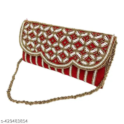 Red embroidered clutch, gold chain accents