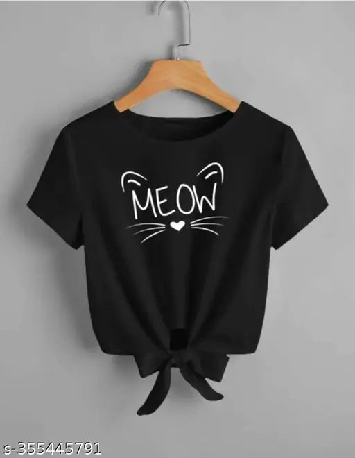 Trendy black meow printed lycra short sleeve top, featuring a vibrant cat pattern. Made in India." (96 characters)