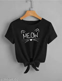 Trendy black meow printed lycra short sleeve top, featuring a vibrant cat pattern. Made in India." (96 characters)