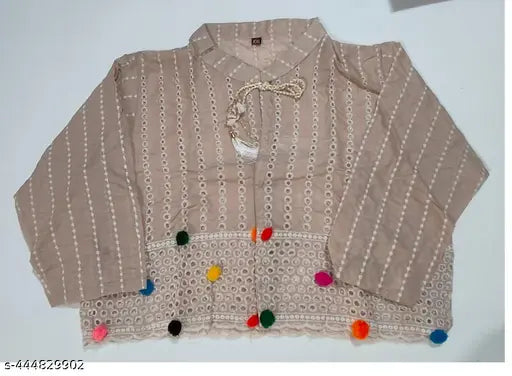 Modern cotton-blend embroidered net waistcoat for women, three-quarter sleeves. (Size L: bust 38in, length 18in, waist 38in, hip 40in, shoulder 14in; Size XL: bust 40in, length 18in, waist 40in, hip 42in, shoulder 15in; Size XXL: bust 42in, length 18in, waist 42in, hip 44in, shoulder 15in) Origin: India