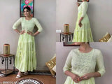 Light green rayon embroidered flared anarkali gown with mirror work and beautiful tessles, single sizes S-7XL