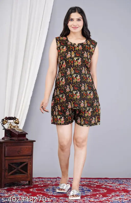 Rayon night shorts for women and girls, stylish comfort with a printed design