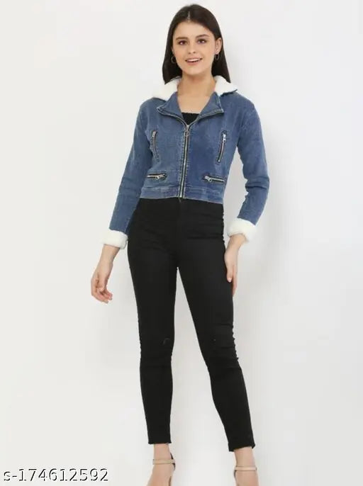 Denim solid-colored long sleeve jacket, stylish patch design. XS (Bust 32in, Length 24in), made in India