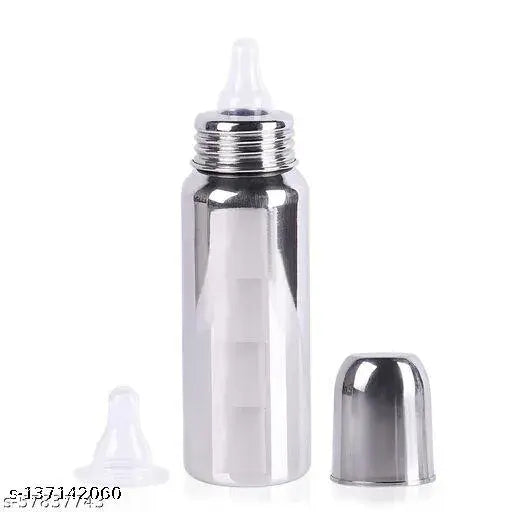 Silver stainless steel baby feeding bottle (250ml) with hot case cover, premium grade and BPA free