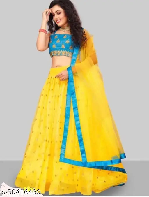 Embroidered satin petite women's lehenga with lace dupatta and colorblocked bottom, semi-stitched, free size, Indian origin