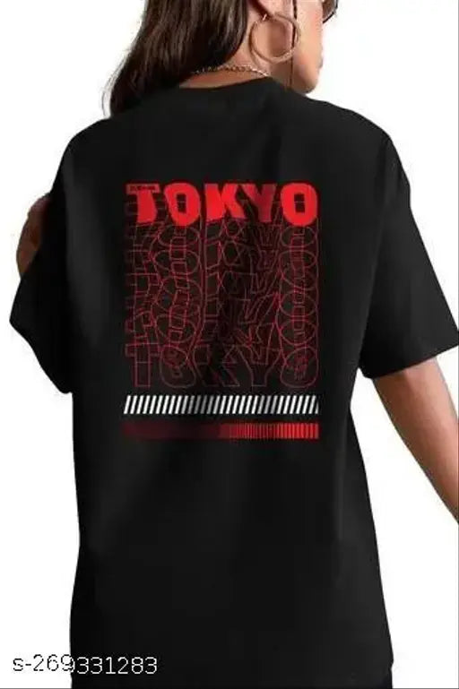 Women's large size black t-shirt with Tokyo city design