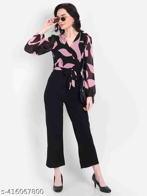 Georgette printed net jumpsuit for women, trendy, glamorous, comfortable modern design - long sleeves, various sizes available