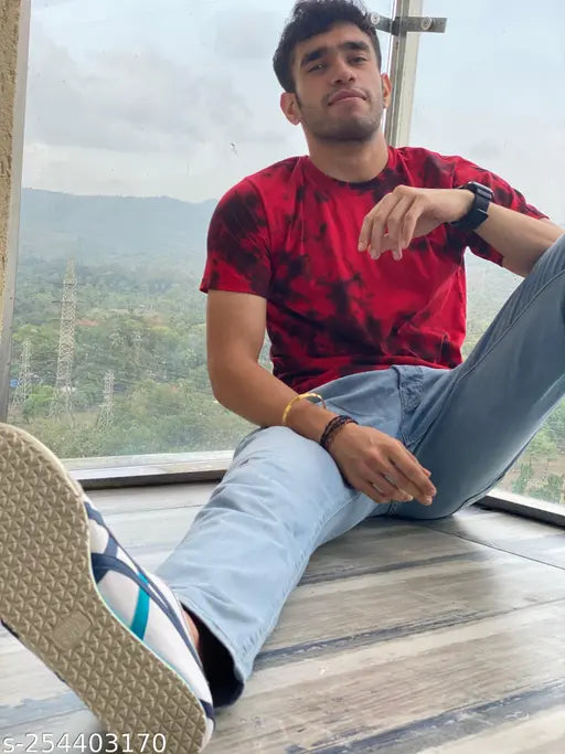 Red tie-dye short sleeve cotton t-shirt, printed pattern, handmade Indian apparel