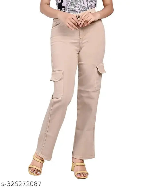 High waist, stretchable women's jeans with 6 pockets in beige color
