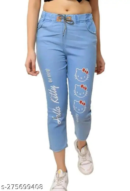 Stylish denim jeggings with kitty light print, quality denim cotton for women's everyday wear
