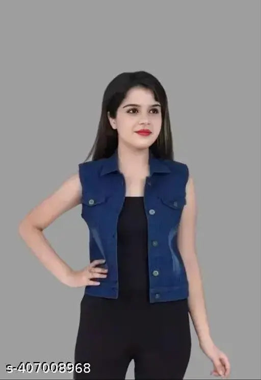 Sleeveless solid denim denim jacket, trendy and fashionable for women & girls. Made in India." (125 characters)