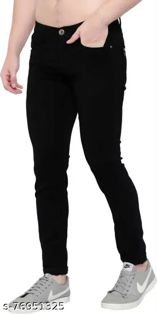 Black silk slim fit jeans for men - stylish black jeans with solid pattern, presented by C2FH, size 28 (28in waist, 40in length, 28in hip), also available in sizes 30, 32