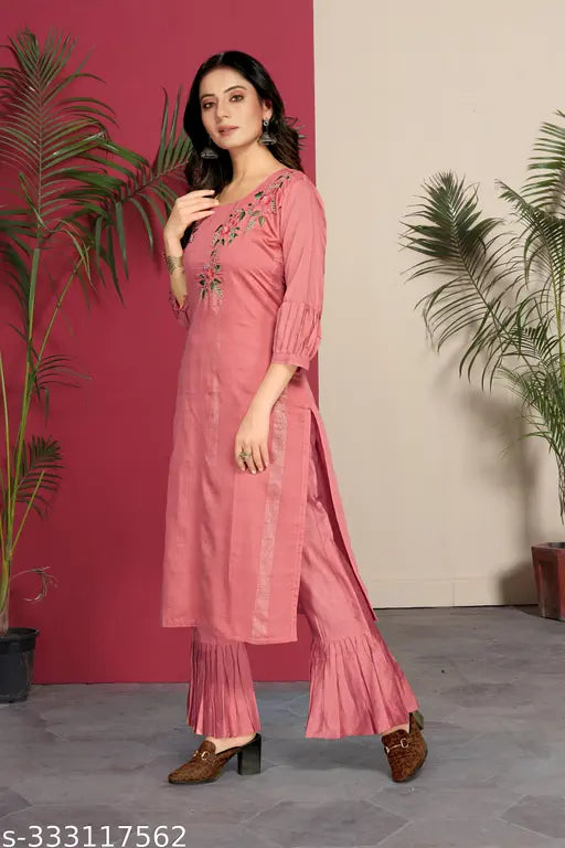Silk A-Line Kurta Set with Embroidery Work, trendy party/wedding wear. Indian silk blend kurta and palazzos set