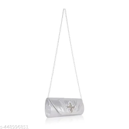 Shiny metallic clutch bag with glitter effect, decorative design, evening wear accessory