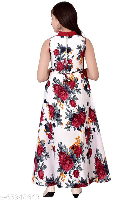 Maroon cotton blend ethnic gown, digital floral print, girls party wear
