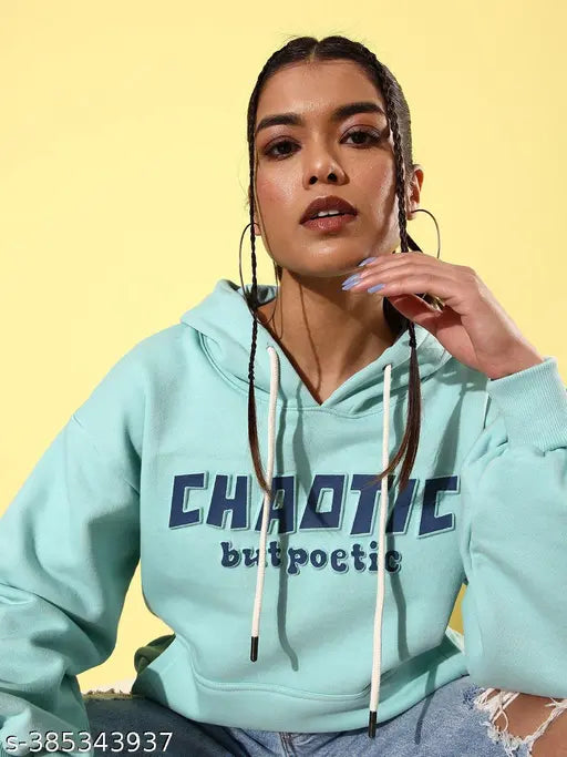 Turquoise blue fleece oversized hoodie with typographic print, perfect for casual style