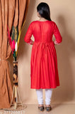 Red kameez kurta with embroidered borders, traditional Indian style, midi length