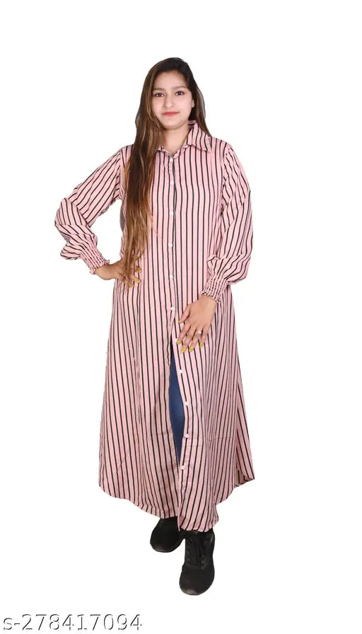 Striped long sleeve crepe casual kurta, front slit design, women's festive wear, India-origin